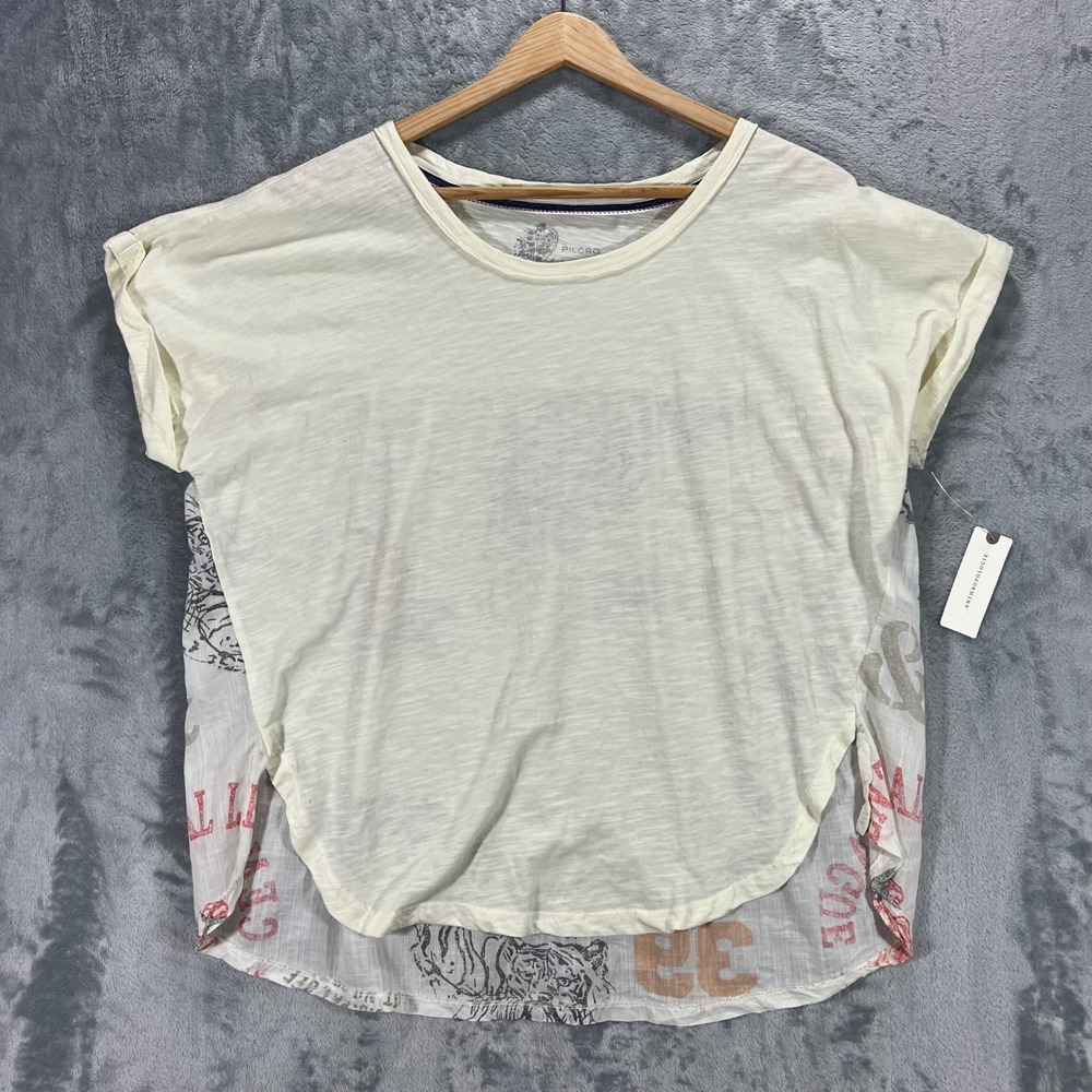 PILCRO Anthropologie Mixed Media T-Shirt Womens Ivory NWT Tiger Graphic